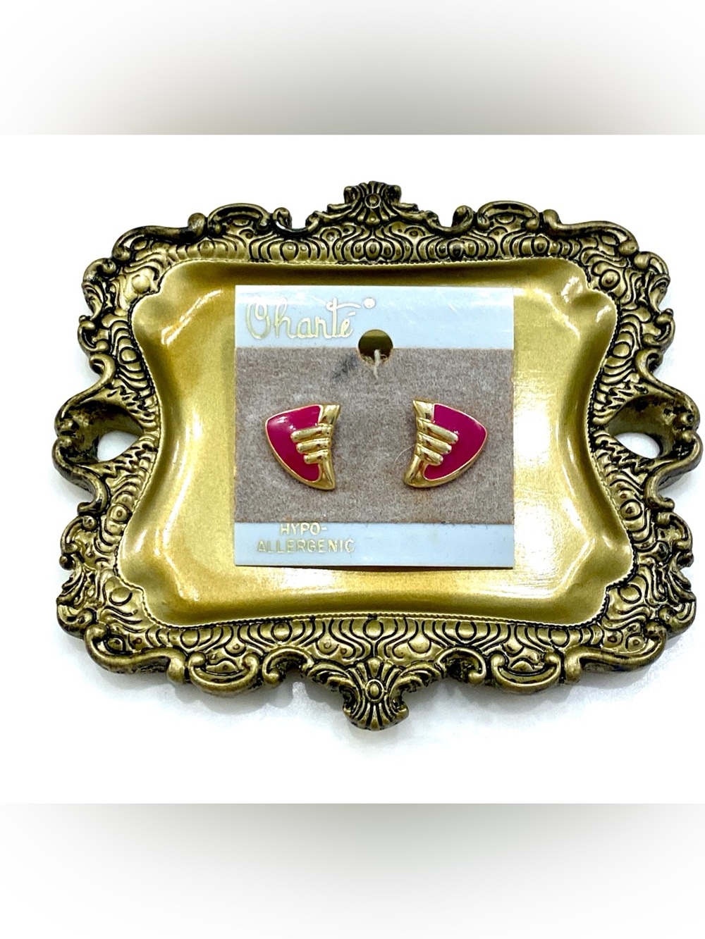 Chante Vintage 80s Gold Hot Pink Enamel Geometric Abstract Fan Stud Earrings NWT